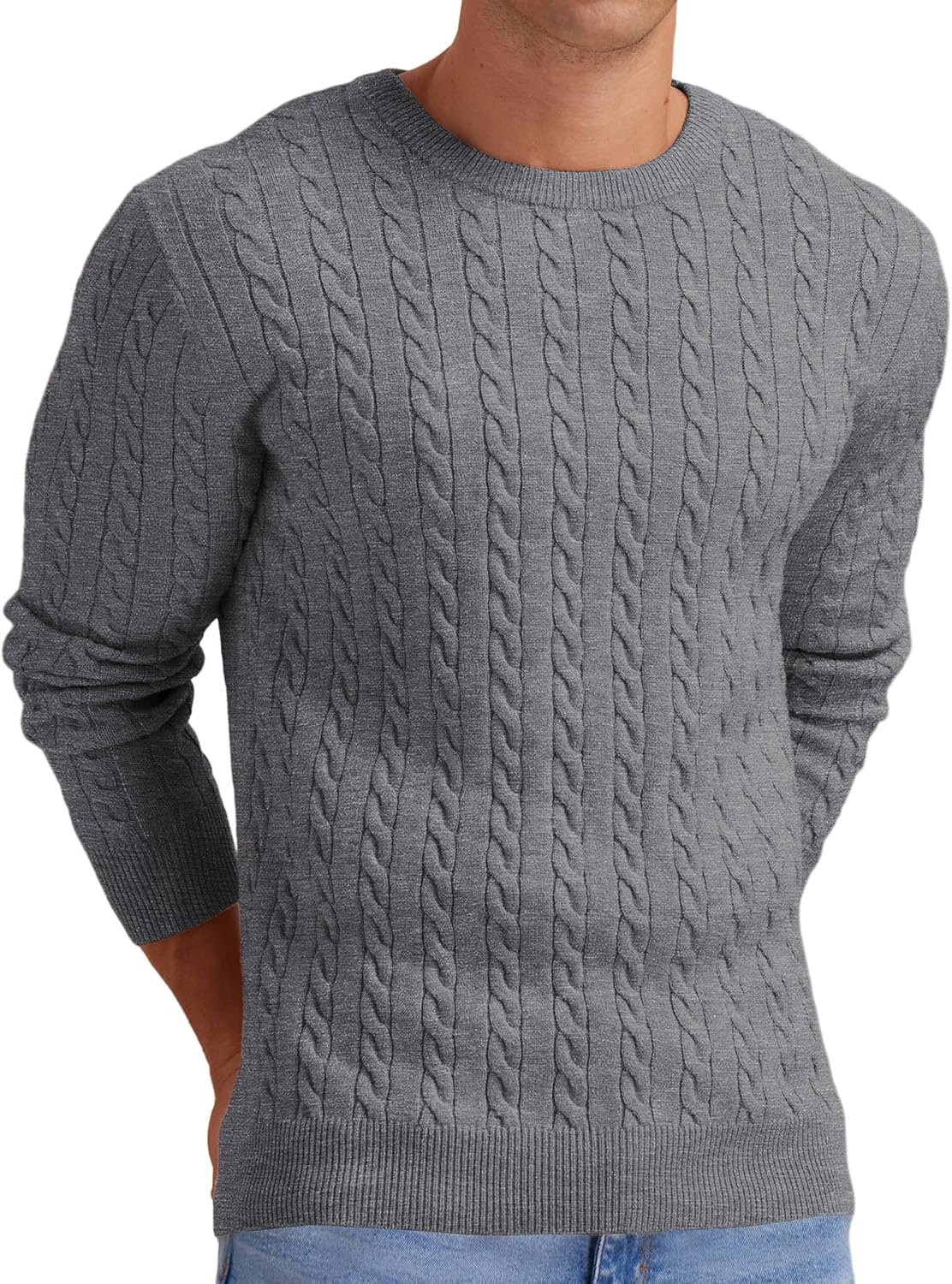Askdeer Men's Crewneck Pullover Sweater Cable Knit Long Sleeve Sweater Classic Soft Knitted Sweaters with Ribbing Edge Dark Gray