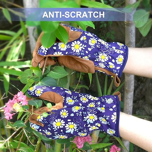 Miniatura 24 de Guantes de jardinería para mujeres, guantes de cuero para trabajo en jardín, a prueba de espinas, sin perforación, para cavar, plantar y podar Azul
