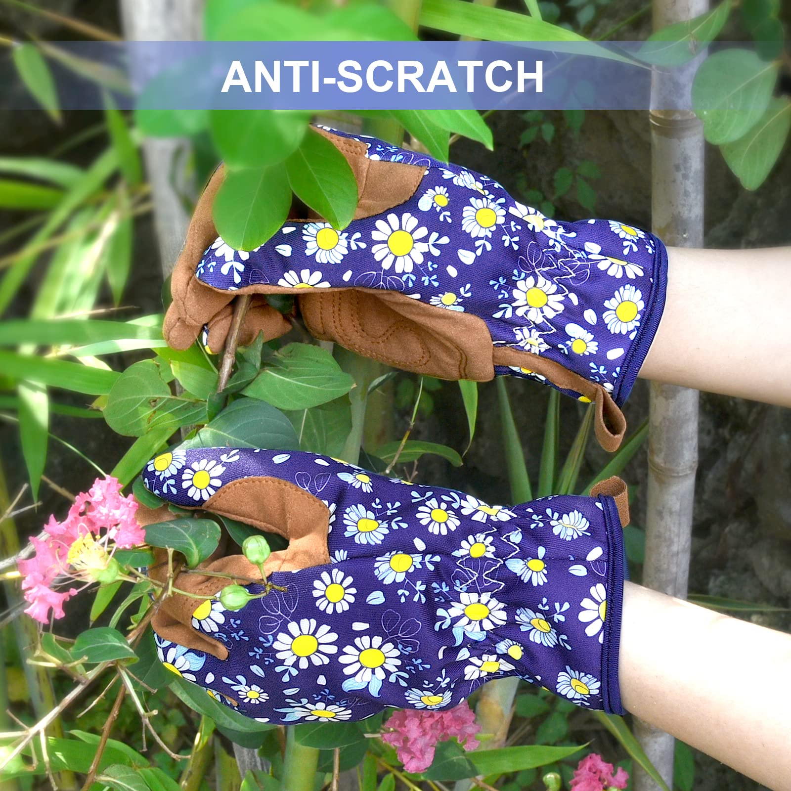 Guantes de jardinería para mujer, guantes de jardín de cuero para mujer, a prueba de espinas, sin puñaladas para excavar, plantar, podar (grande, azul oscuro)