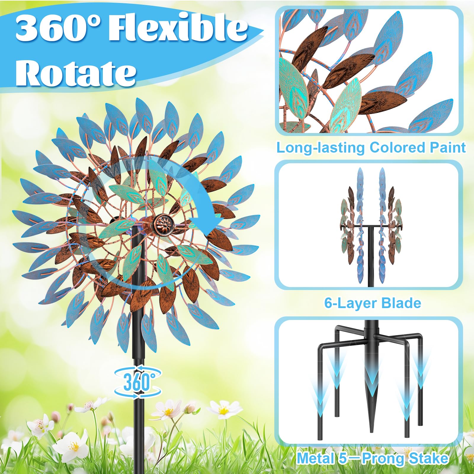 Molino de viento cinético para exteriores, 18.5 pulgadas de ancho x 78.7 pulgadas de alto, molino de viento grande de metal para exteriores con base estable de 5 puntas, giratorio de 360°, 6 cuchillas