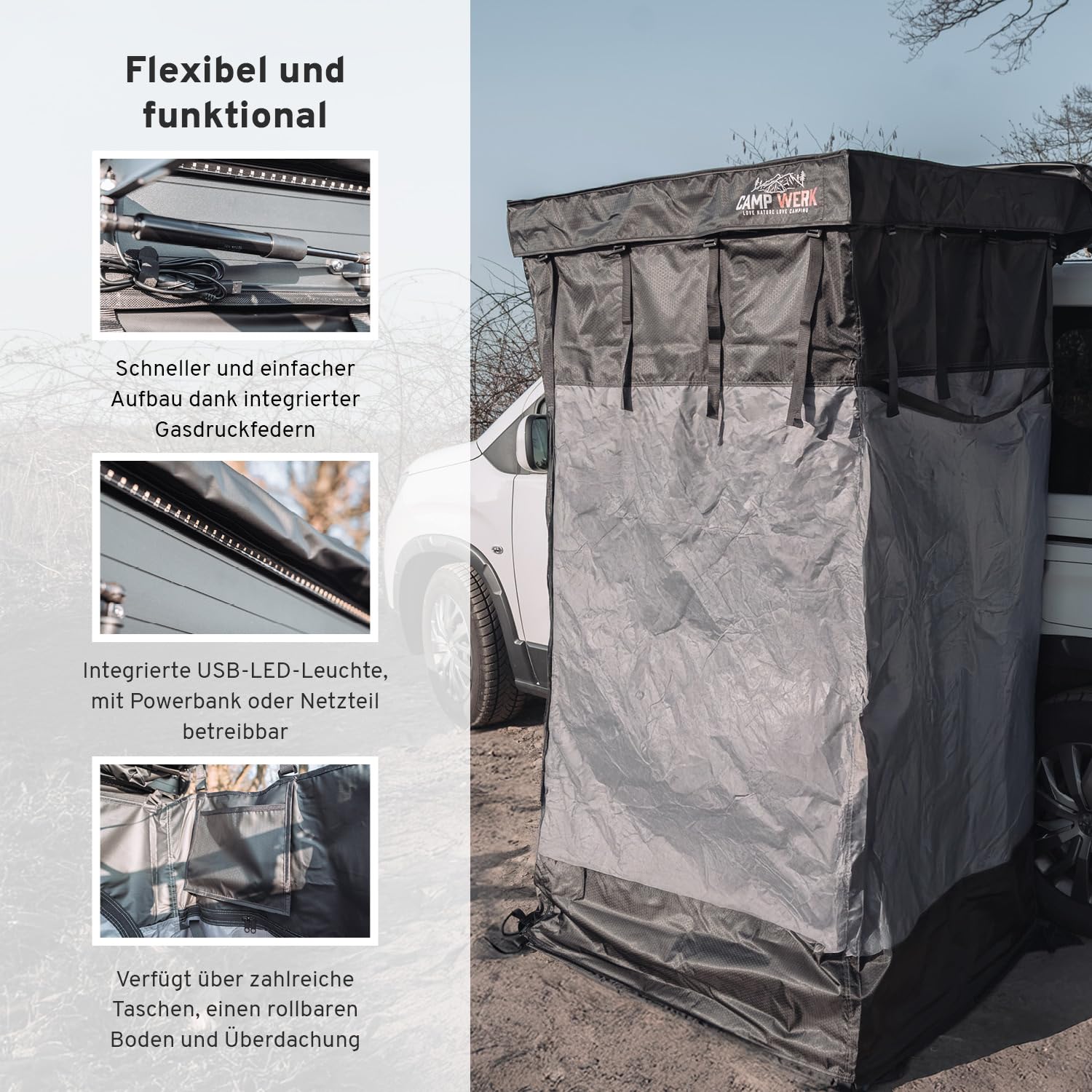 CAMPWERK Duschzelt Höhenverstellbar 175-215 cm mit Regenhaube LED-Beleuchtung Camping Outdoor
