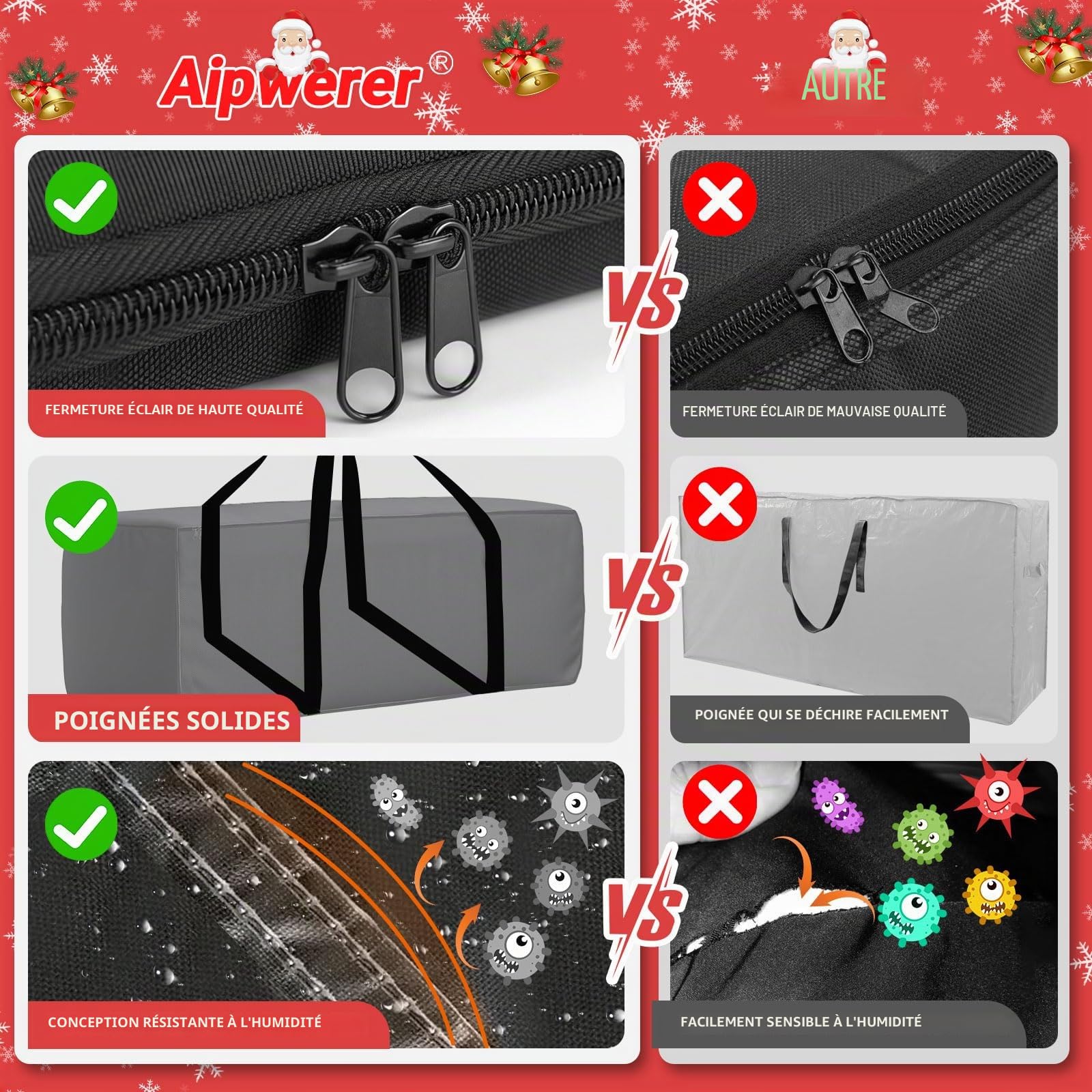 Sac de Rangement XXL pour Coussins de Jardin, Housse Imperméable et Anti-UV, avec Bandoulière, Protection pour Meubles, Polster, Kissen Extérieur, Sapin de Noël (Noir, 200x60x75cm)