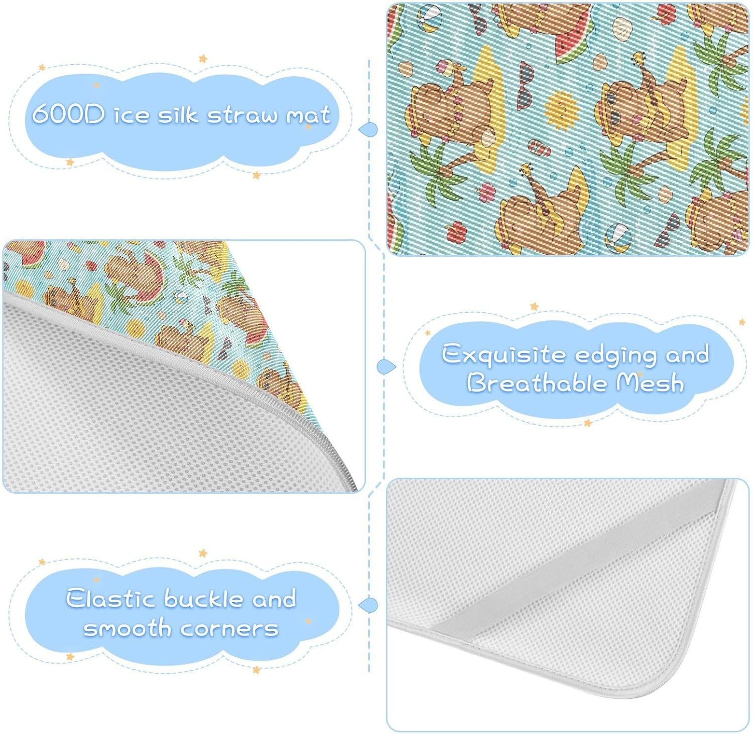 Baby Cooling Mat Summer Capybara Ice Silk Breathable Mesh Summer Crib Mattress Pad with Pillowcase, Soft Cooling Sleeping Surface for Infant & Toddler, 52"x28"