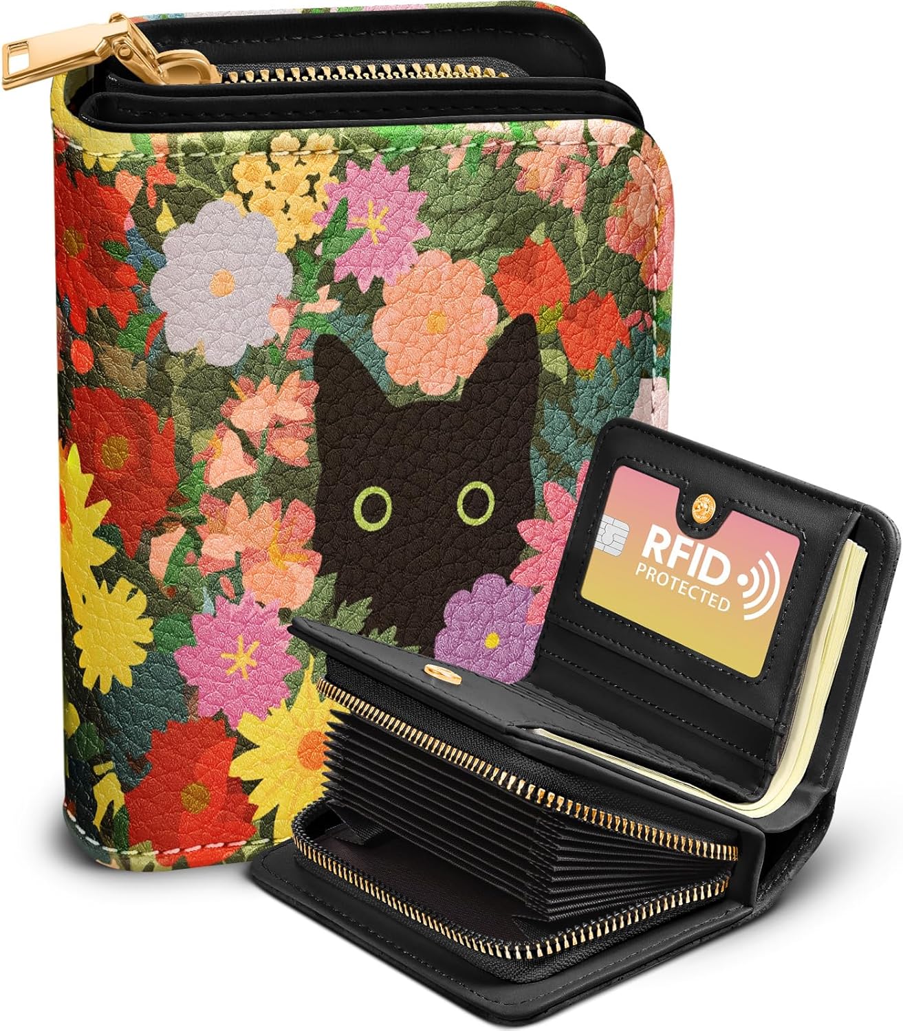 Bistup Credit Card Holder Wallet for Women Cute Leather Ladies Teen Girls Female Cardholder Wallets Accordion Purse Small Medium Aesthetic Print Modern Design Rfid Zipper Around