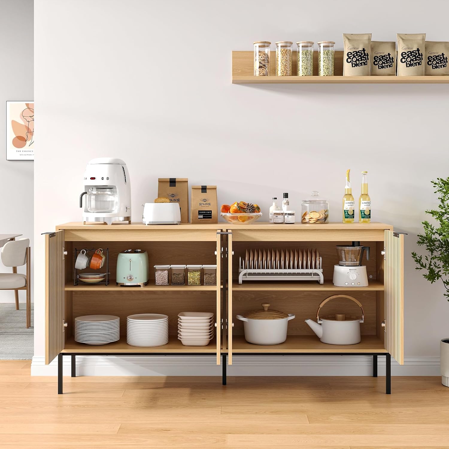 63" Sideboard Cabinet, Modern Buffet Cabinet with Doors & Adjustable Shelf, Wood Credenza Coffee Bar Storage Console Table for Kitchen, Dining Room, Living Room, Entryway, Natural