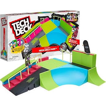 Tech Deck Neon Mega Park X-Connect Creator Adjustable Ramp Set with Two Fingerboards Glow in the Dark Kids Toys for Boys and Girls