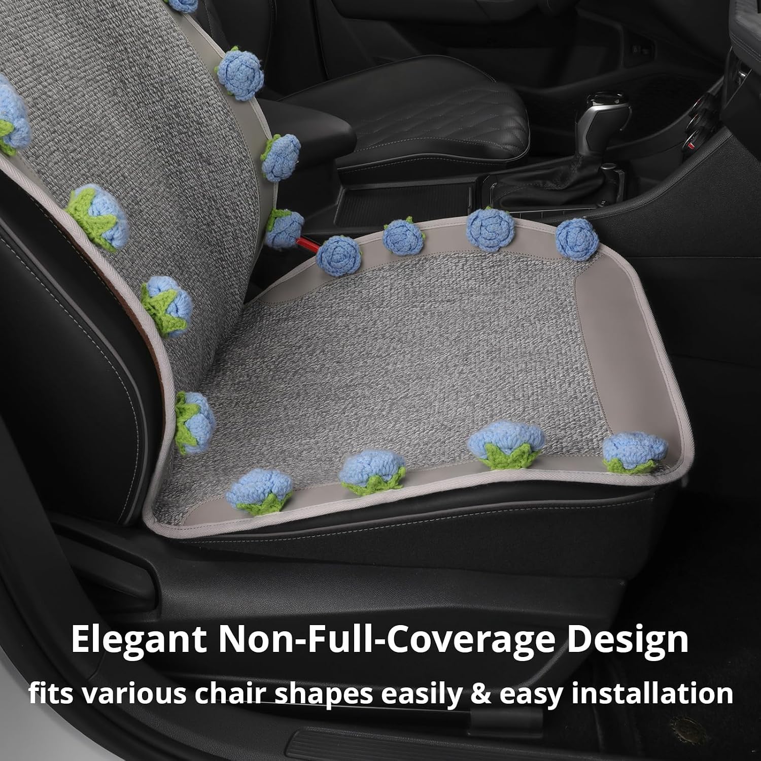Universal Car Seat Covers,Handmade Floral Grey&Blue Rose Cushion,Leather&Cotton Blend,Cute Interior Seat Cover for Cars,SUVs & Trucks,Car Accessories Gift for Women (1-Piece)
