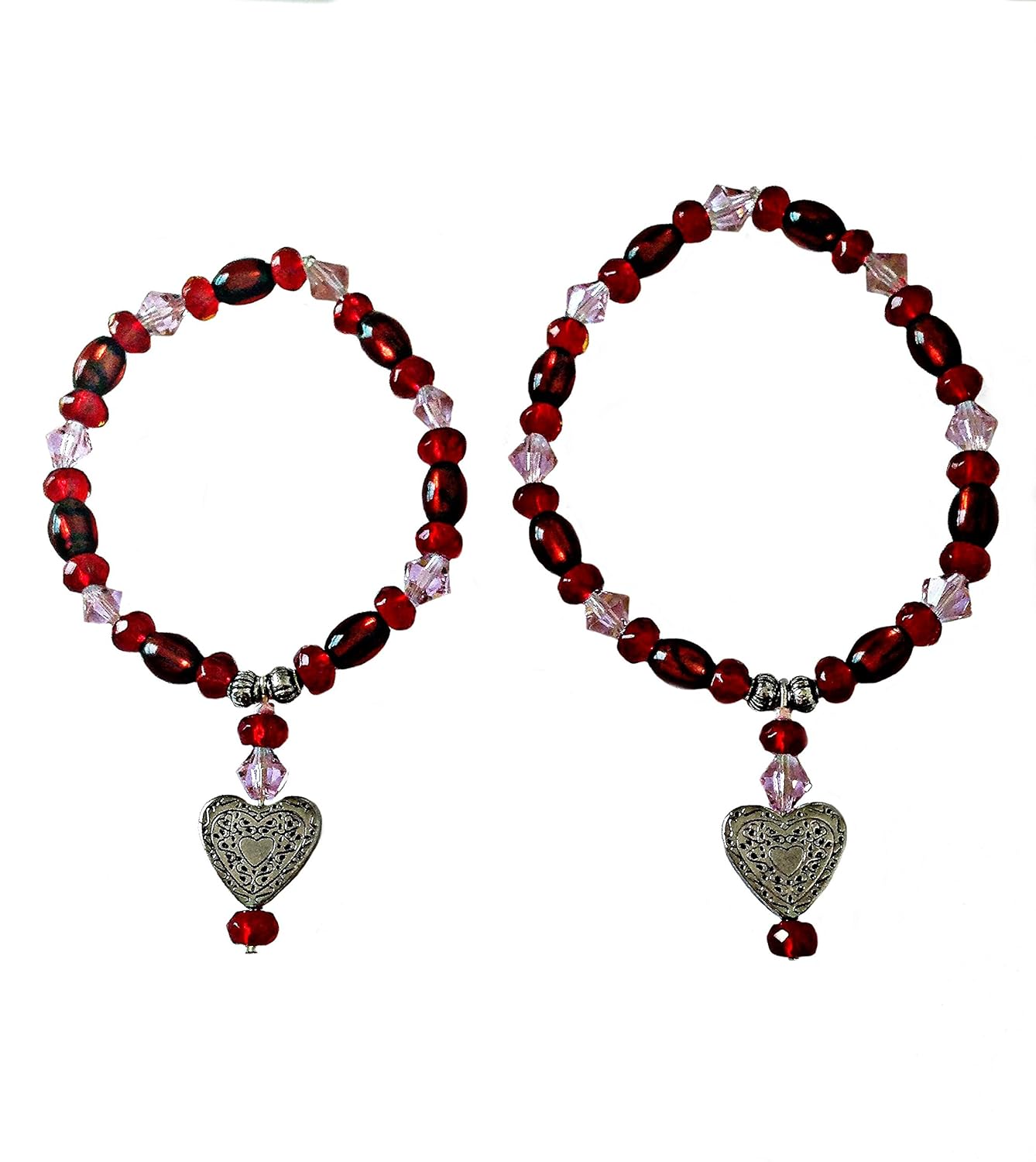 Red & Pink Crystal Bead with Heart Charm Matching Bracelets