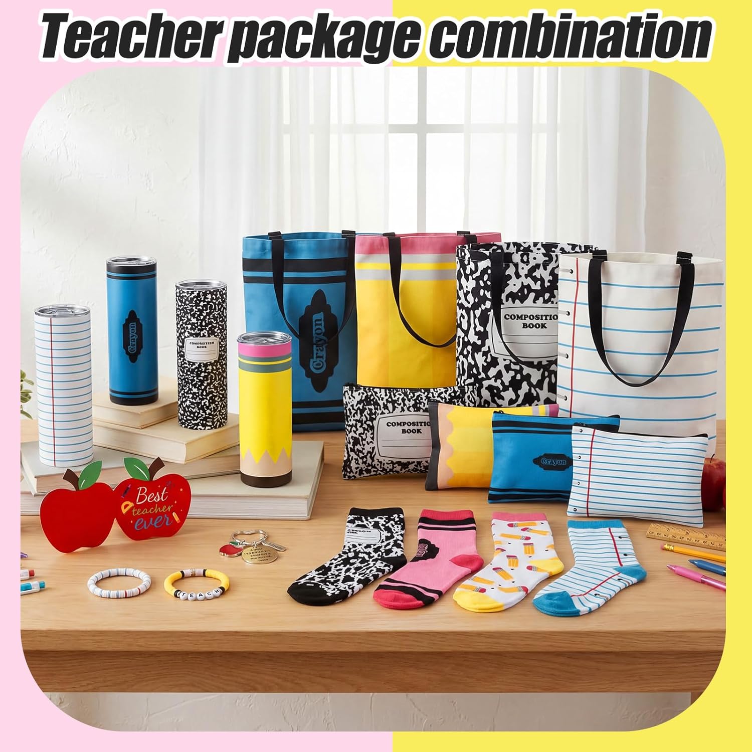 Sieral 32 Pcs Teacher Appreciation Gifts Bulk for Women End of Year Graduation Thank You Gifts for Teachers Set of 4 Tote Bag Cosmetic Bag 20oz Tumbler Socks Bracelet Keychain Card