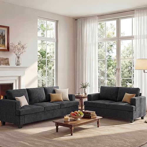 Apicizon Loveseat & 3 Seater Sofa Sets, 89" Couch Sofa Set for Living Room Furniture Sets, 2 Piece Deep Seat Sleeper Sofa, Couch and Loveseat Sets for Apartment, Dark Grey Chenille