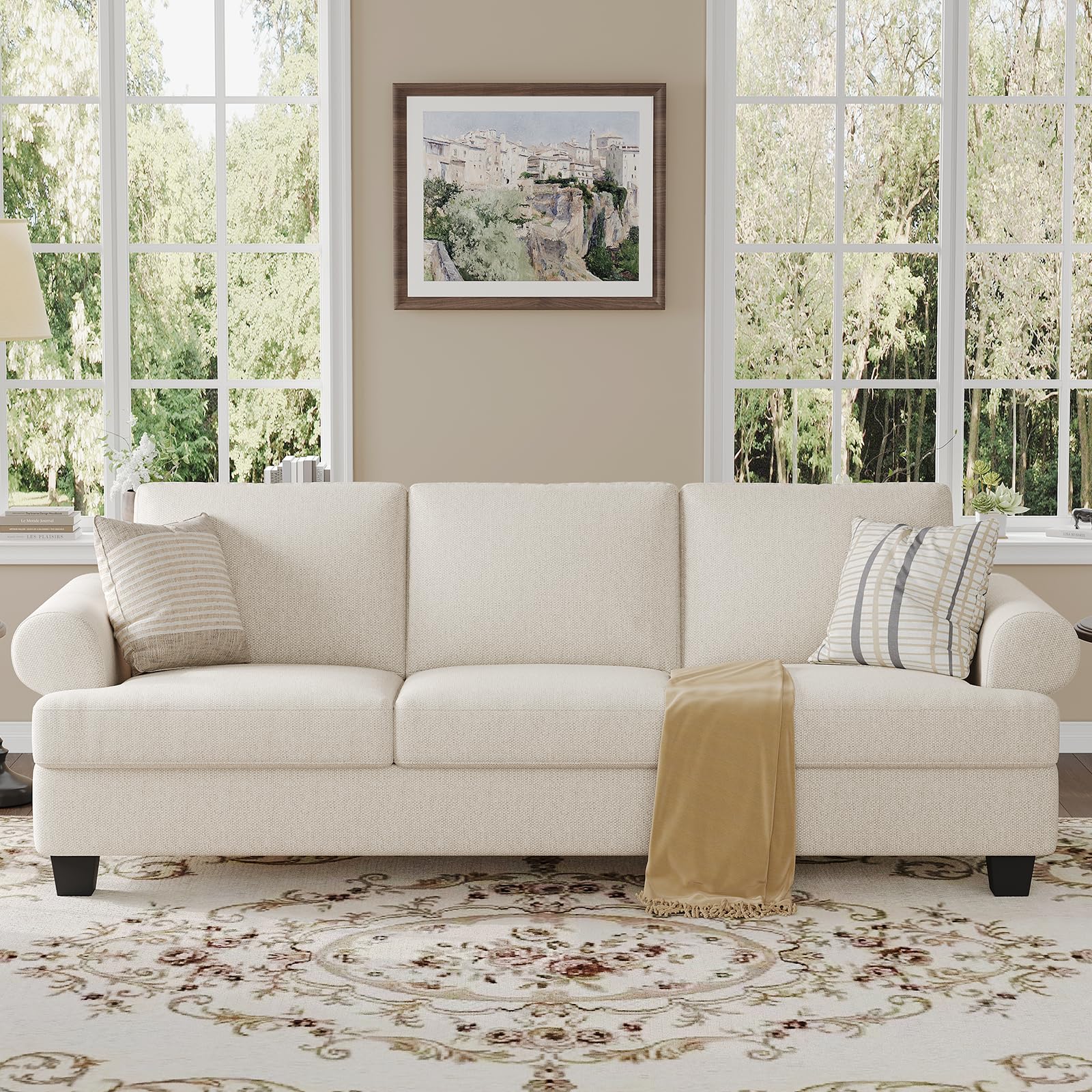 COPIAE 91 Inch Lawson Sofa with Extra Deep Seats Oversize, Mid-Century 3-Seat Sofa Couch, for Living Room, Apartment, Lounge, White