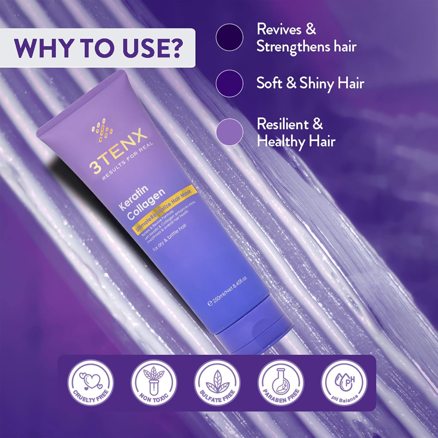 UltimateRevitalize Hair Mask Strengthen & Repair Damage, Frizz, Brittle Hair with Keratin, Collagen Salon Grade, Color Safe, Heat Protection No Parabens, Sulphates 250 ml (Pack of 1) White