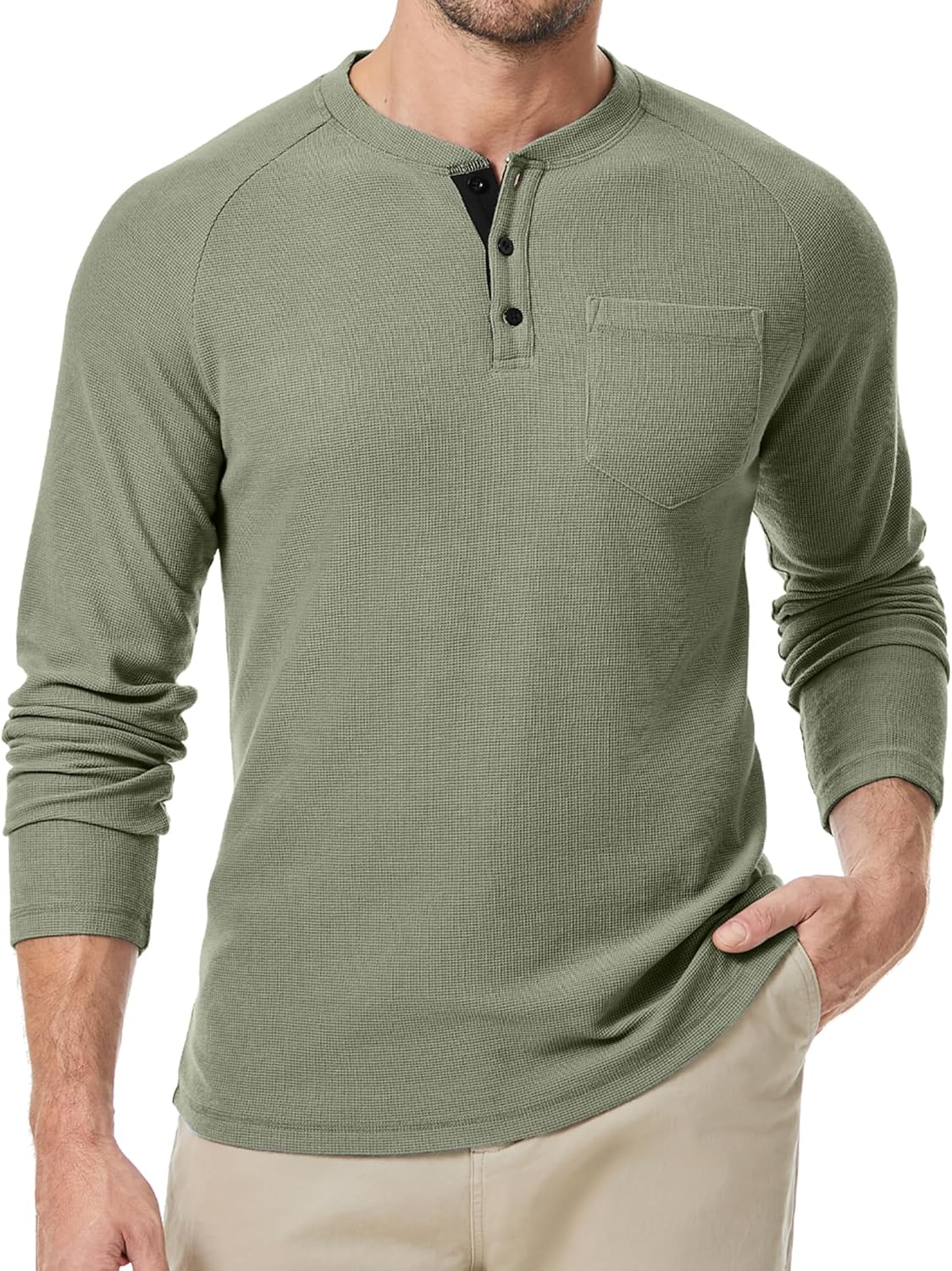 JMIERR Men’s Waffle Henley Shirts Crewneck Long Sleeve Button Casual T-Shirt with Pocket