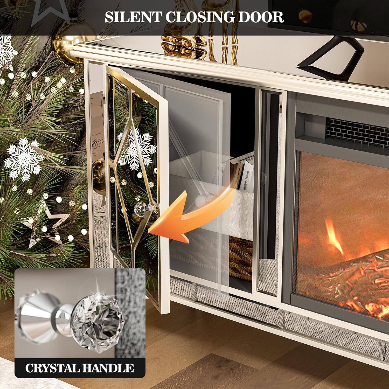 IKIFLY Mirrored TV Stand with Fireplace for 75+ inch TV, Silver Electric Fireplace Entertainment Center w/7 Colors Changing & 3D Realistic Flame Effect for Living Room