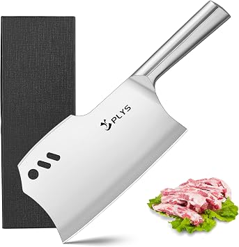 Plys 7.2 Inch Dual-Edge Meat Cleaver Knife, Heavy Duty Bone Chopper Butcher Knife with Full-Steel Ergonomic Handle, Chopping Bones, Slicing Meat & Vegetables