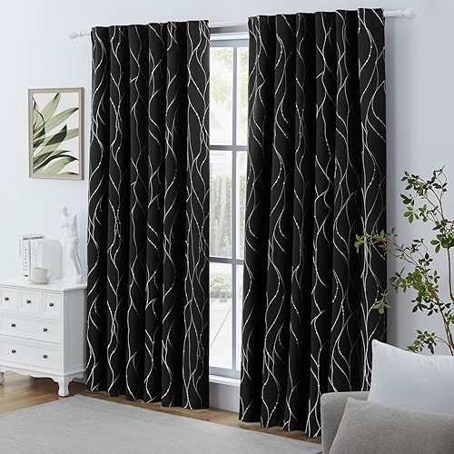 Miniatura 7 de HOMEIDEAS  Cortinas opacas, 2 paneles, línea ondulada, con lunares impresos al reverso, cortinas de oscurecimiento de la habitación, bolsillo de