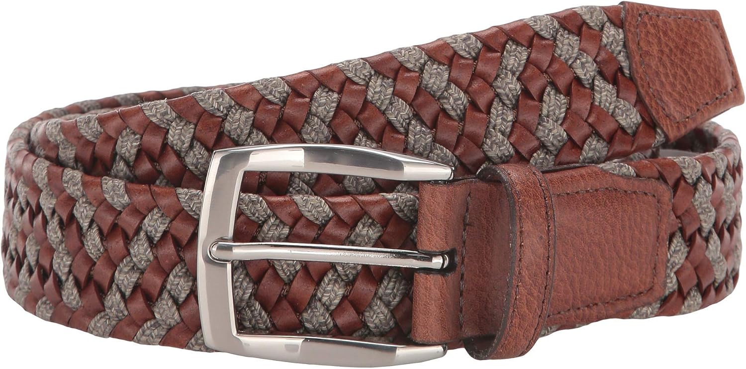 Torino Leather Co. Mens 35 mm Braided Leather & Linen Stretch Cognac/Taupe 34 One Size