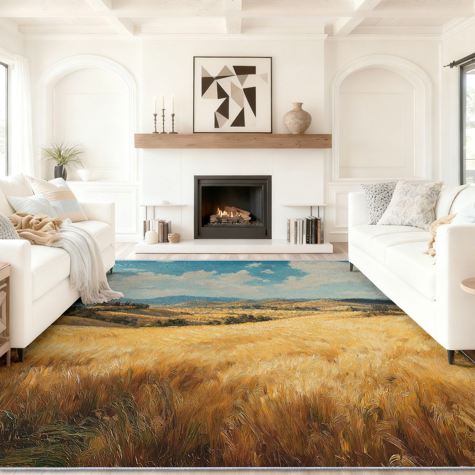 Rustykalny dywan w stylu wiejskim, nadaje się do prania, 140 x 200 cm, Gutshof, wzgórza, zboża, pole pszenicy, żółty, miękkie krótkie runo, antypoślizgowy spód, łatwy w pielęgnacji, do sypialni