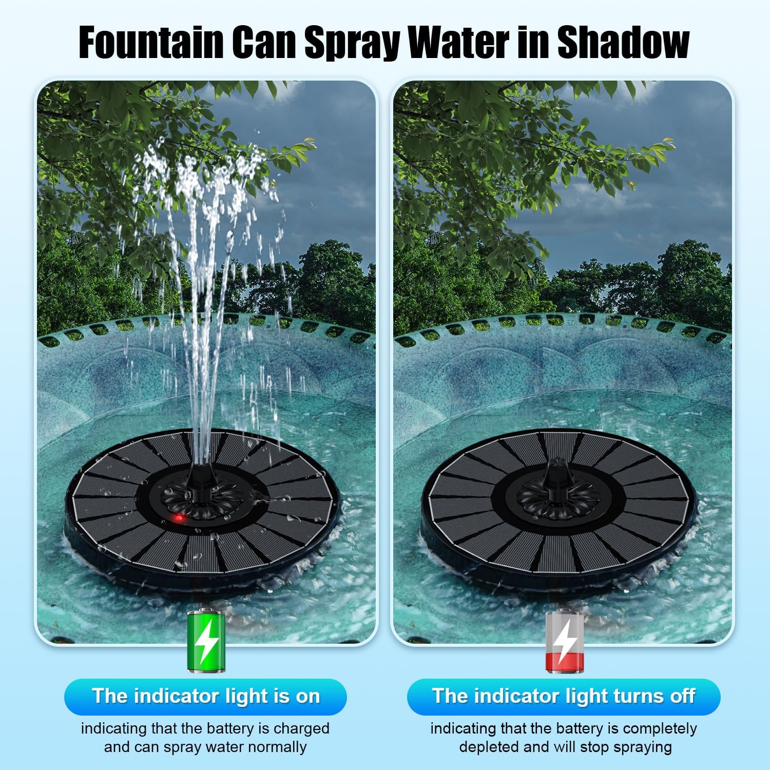 SZMP Solar Fountain Work On Cloudy Day,Solar Water Bird Bath Fountain with Faster Conversion Glass Solar Panel and Power Indicator,Built-in 2000mAh Battery,Outdoor Garden Decor(Black Panel) - Image 2