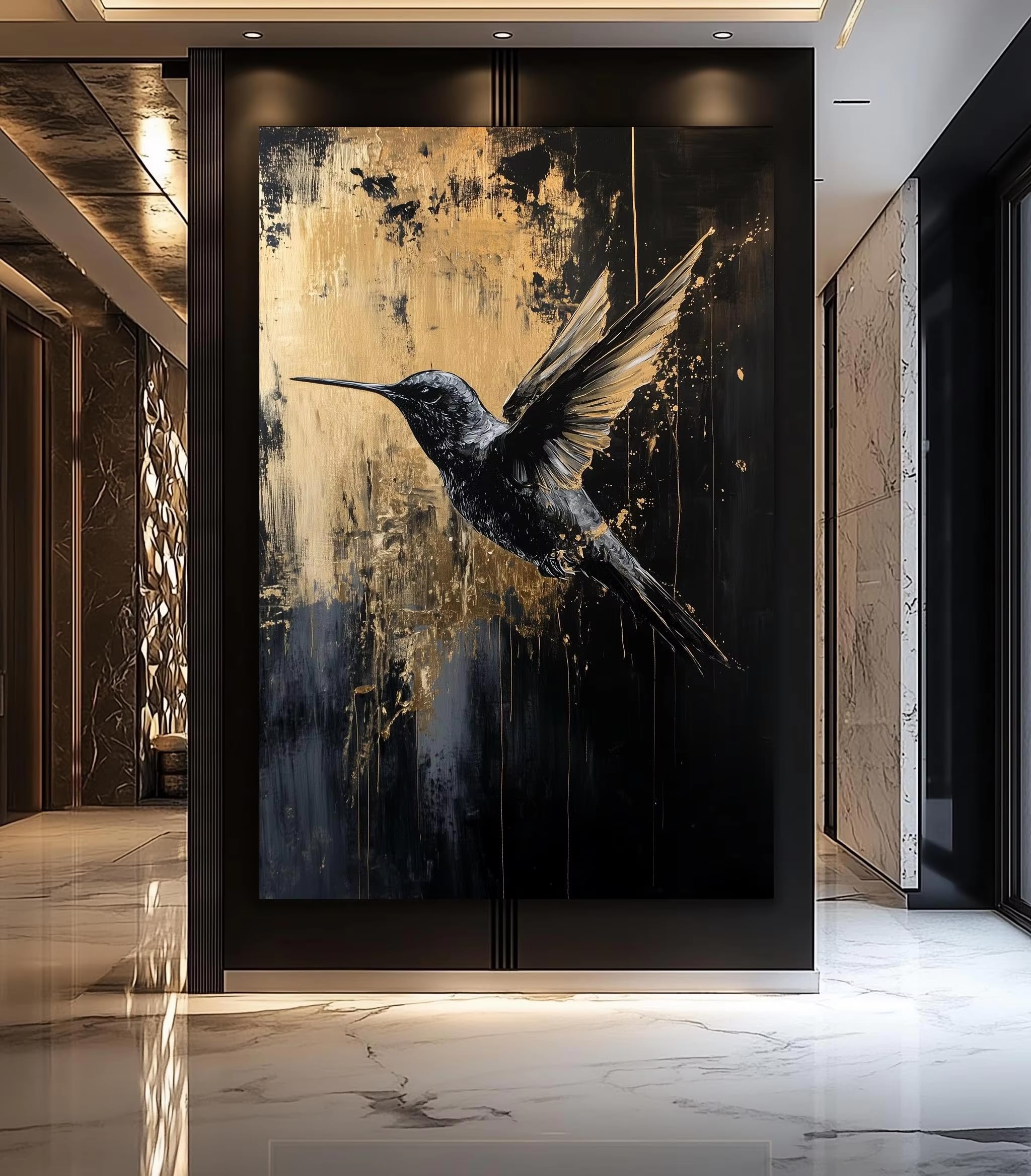 Tableau oiseau noir et or grand format pour art mural salon - 7