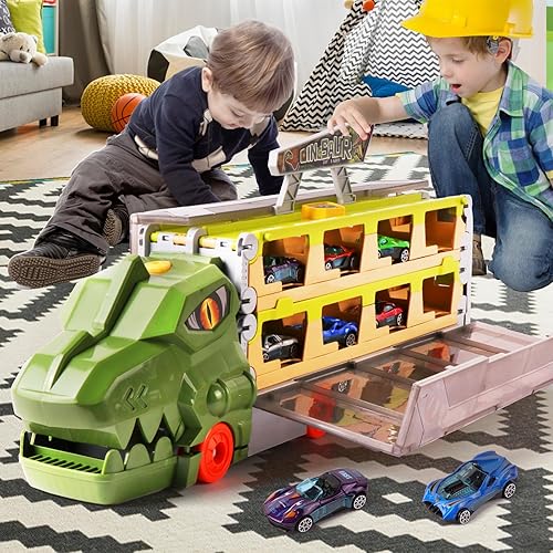 Miniatura 3 de Camión de transporte de dinosaurios, autos de juguete para niños, camión plegable de expulsión de carreras, juguete portátil de almacenamiento de