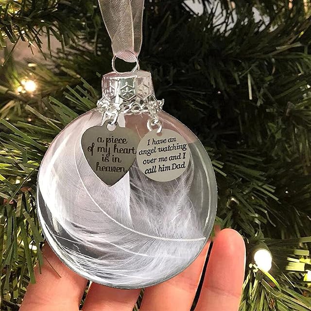 Clear Christmas Memorial Ornaments Angel Feather Ball - A Piece Of My Heart Is In Heavens Memorial Hanging Pendant Christmas Tree Decorations Remembrance Lost Loved Ones Keepsake Gifts (H-Dad)