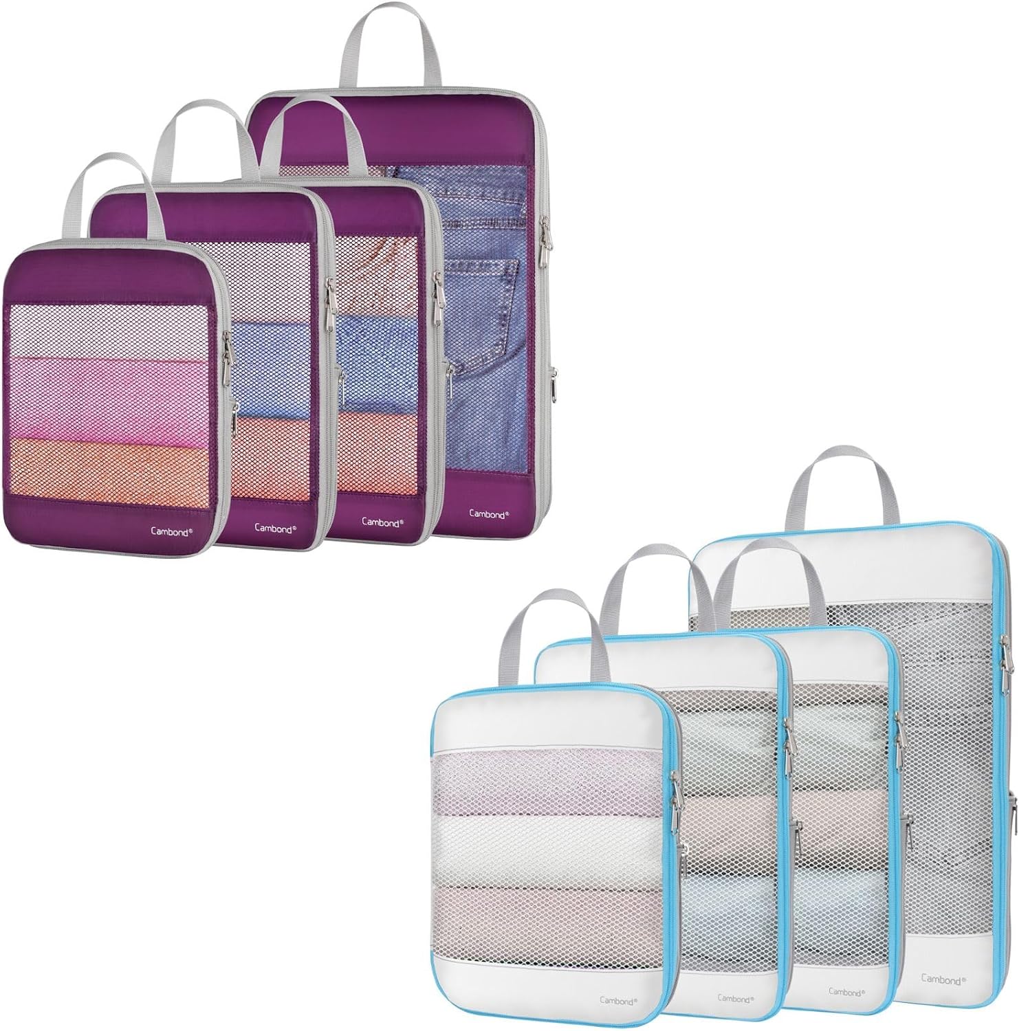 Cambond 4 Set See Through Mesh Compression Packing Cubes Purple Bundle with 4 Set See Through Mesh Compression Packing Cubes White