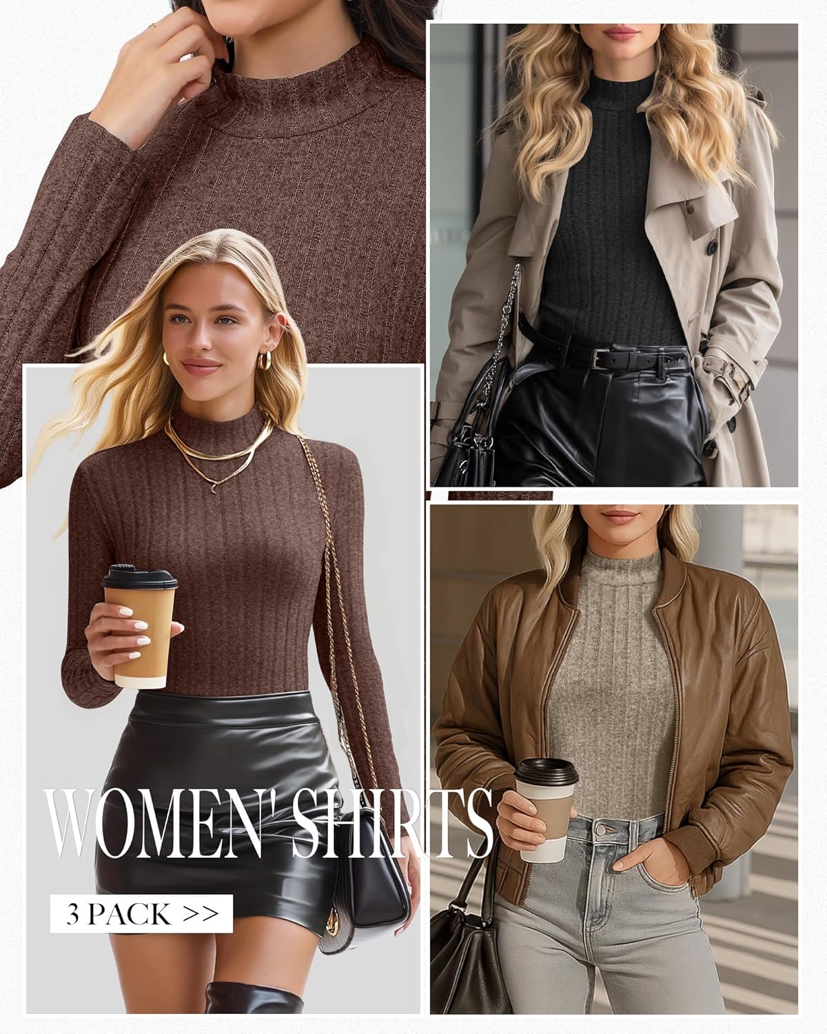 3 Pack Women's Mock Turtleneck Sweaters, Long Sleeve Ribbed Knit Tops Fit Soft Thermal Underwear, Lightweight Spring Pullover - Image 2