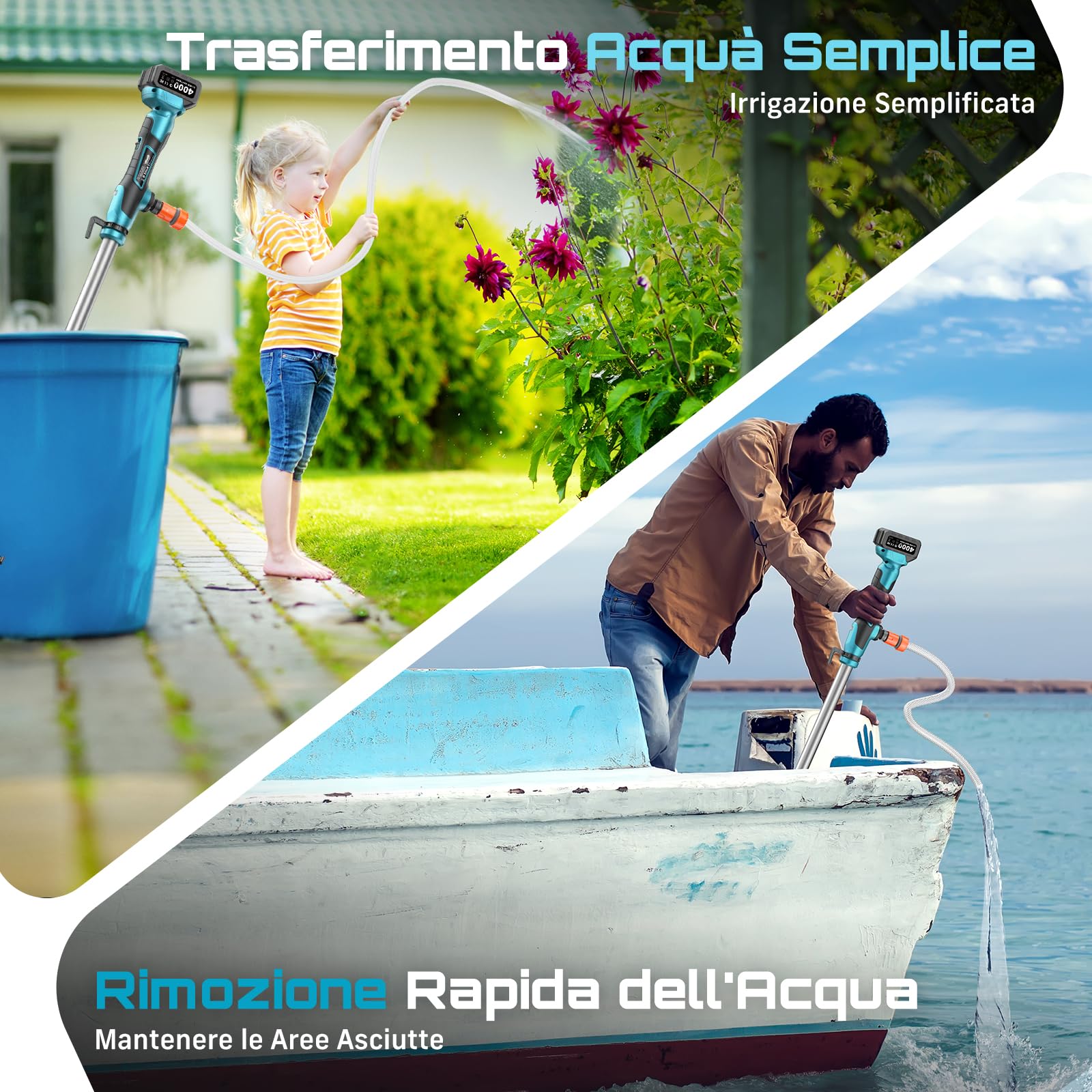 Seesii Pompa per acqua senza fili a bastone, batteria 4000mAh 21V, 720GPH, sollevamento 32 piedi, uscita 3/4". Ideale per drenaggio piscine, giardini, stagni, RV e barche. Leggera e portatile
