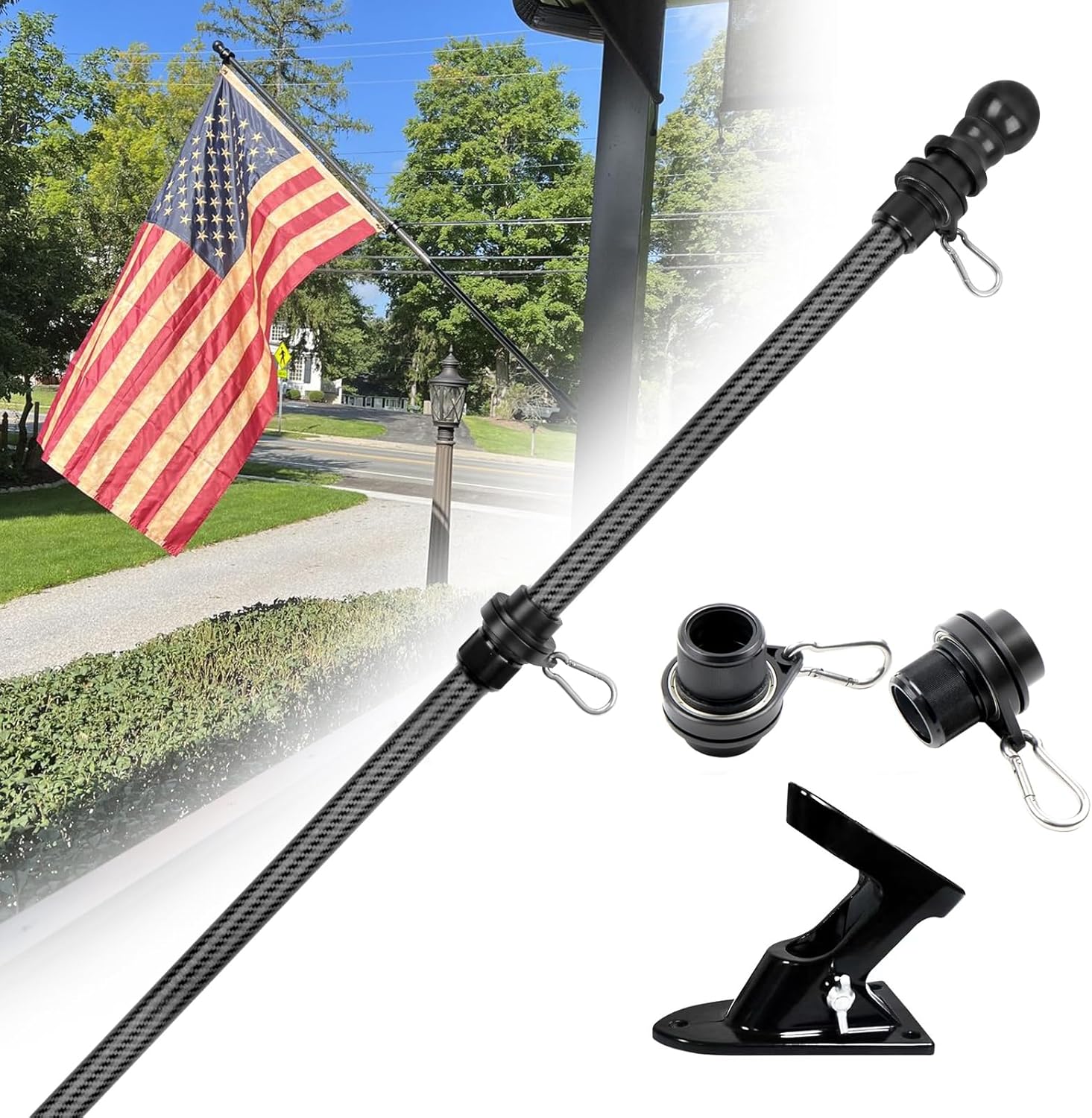 HIBLE 6 Foot Carbon Fiber Flag Pole for House Porch Patio, 5 Sections Black Flag Poles with Bracket and Built-in Bearings Flag Pole Rings (1 Inch)