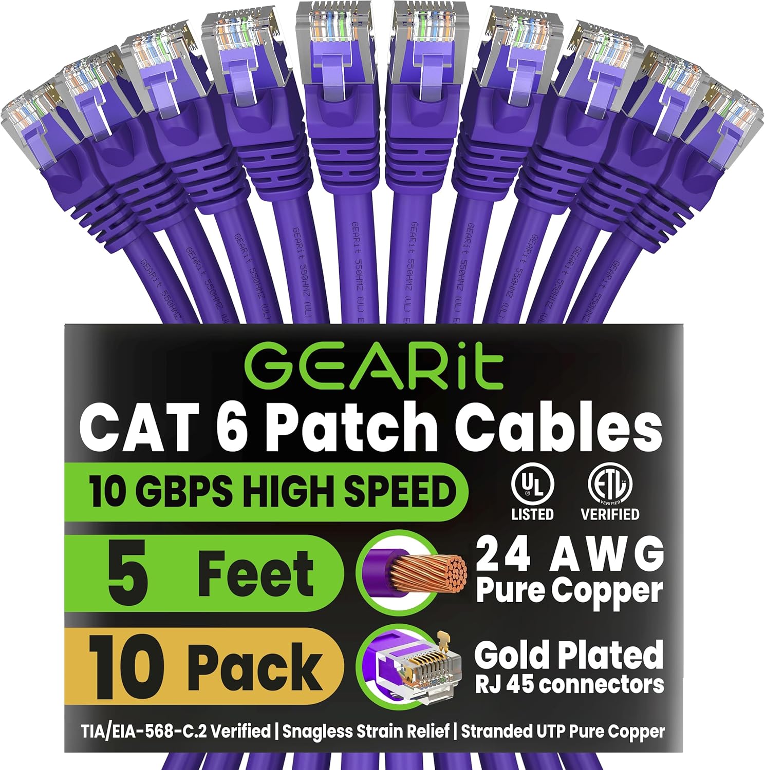 Cable de Red Cat6 5ft Púrpura - Pack de 10 (GEARit)