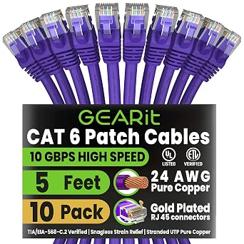 GEARit Cat6 Patch Cables Cat 6 Ethernet Cable 5 ft 10-Pack Purple