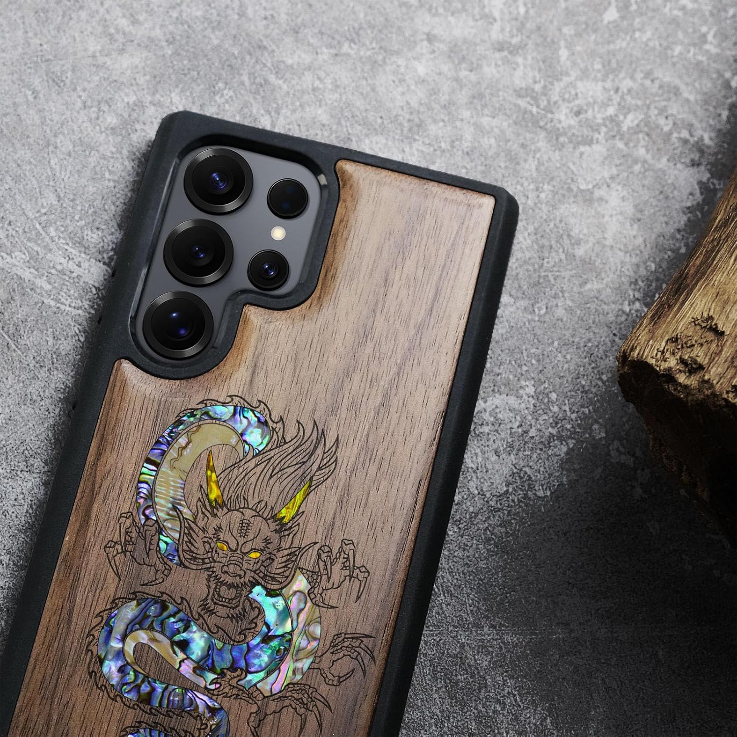 Carveit Magnetic Wooden Case for Samsung Galaxy S25 Ultra Case, Wood Artisan Engraved & Handmade Shell Inlaid, Compatible with MagSafe Wireless Chargers (The Oriental Dragon) Walnut