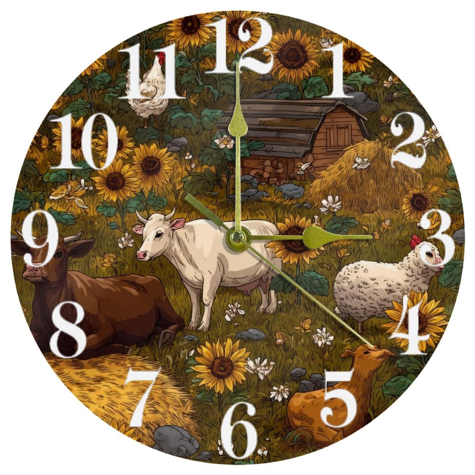 Horloge murale ronde à quartz silencieuse de cuisine style animaux de la ferme