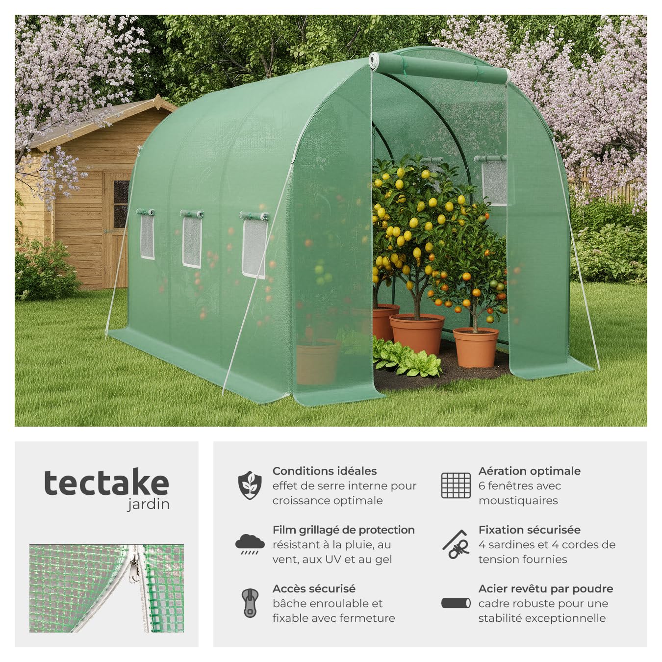 tectake® Serre de Jardin 7m2 Tunnel en Acier Thermo-Laqué & Plastique Anti UV avec 6 Fenêtres Latérales pour Potager Exterieur Serre d'hivernage Tente Abri pour Plantes Serre à semis 343x200x200cm