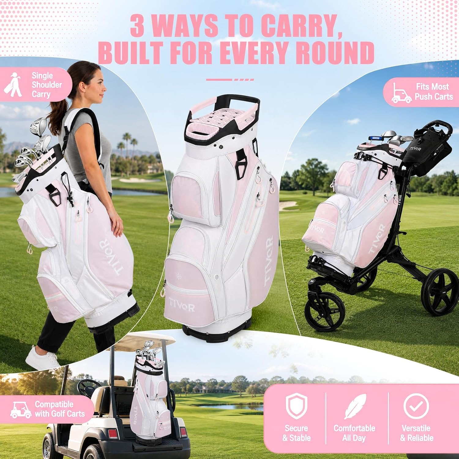 15 Way Golf Cart Bag for Women,Silent T-Lock,Full-Length Dividers,Pink Black Camo