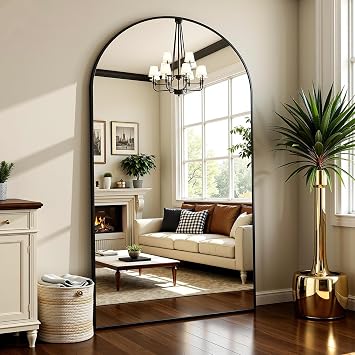 Full Length Mirror 82" L x 44" Full Body Standing Mirror for Bedroom, Living Room, Gym, Dorm - Shatter-Resistant & Easy Assembly, Arched Style Black