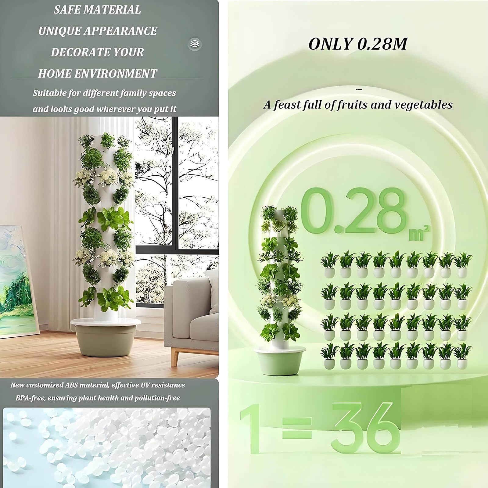 Sistema de Cultivo hidropónico Vertical Tipo Torre con aeroponía automatizada y Luces LED para el Cultivo de Hierbas aromáticas y lechugas en Interiores.