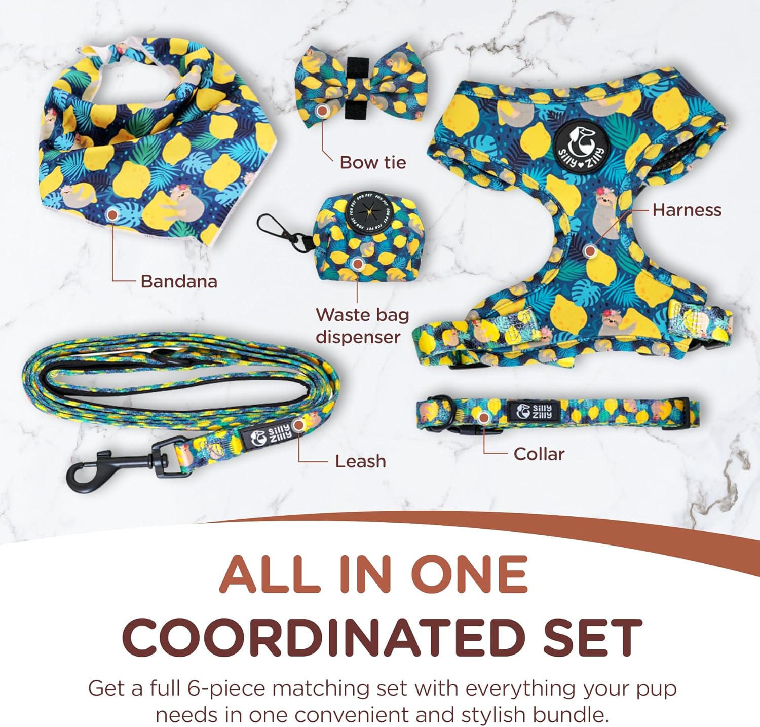 No Pull Harness and Leash Set - 6-in-1 Adjustable Vest Harness and Collars for Medium and Large Dogs. (Lemon, Large)