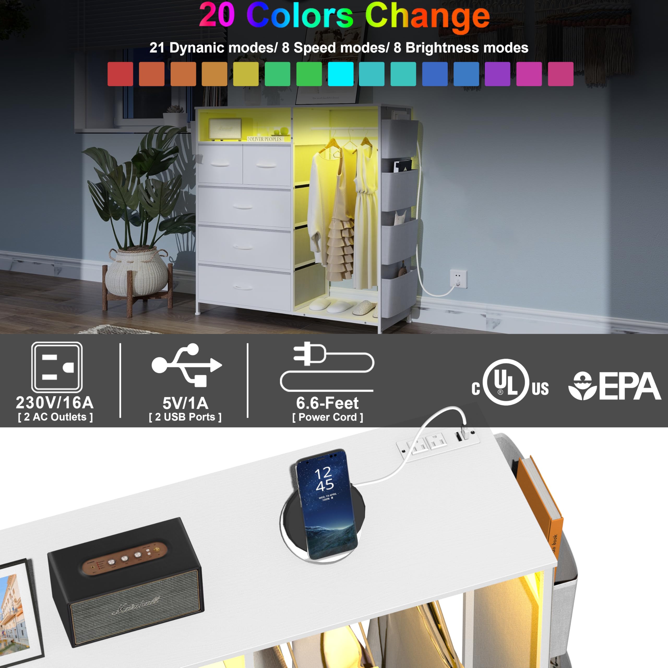 Trironsun Cómoda con 5 cajones con barra para ropa, iluminación LED y estación de carga - Mueble de almacenamiento con bolsillos laterales y bandeja de madera para dormitorio, pasillo o habitación