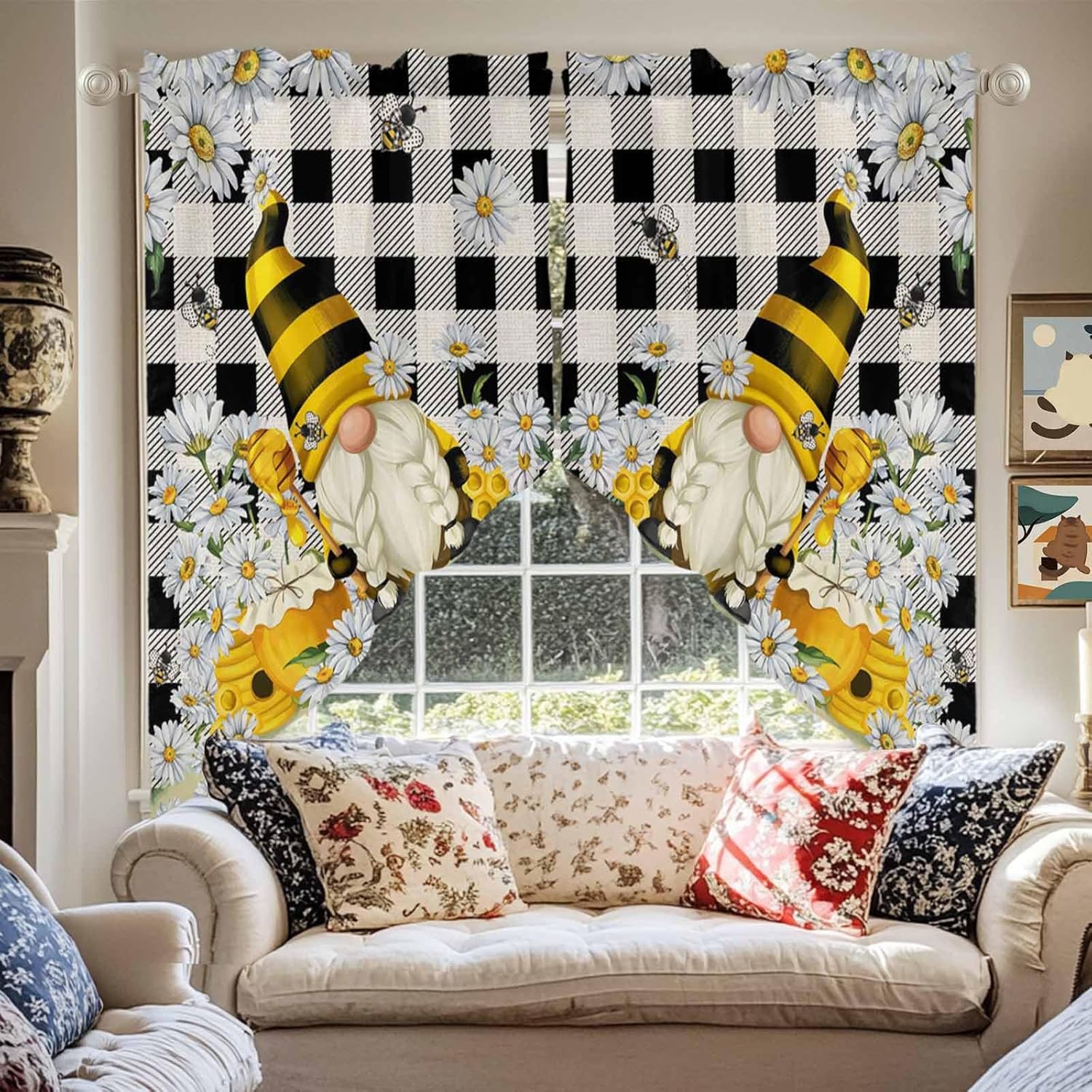 Spring Bee Gnome Swag Valance, Honey Bee Gnome Daisy Rod Pocket Kitchen Valance, Buffalo Check Plaid Scalloped Swag Curtains for Living Room Bathroom Window, 1 Pair, 28" W x 36" L