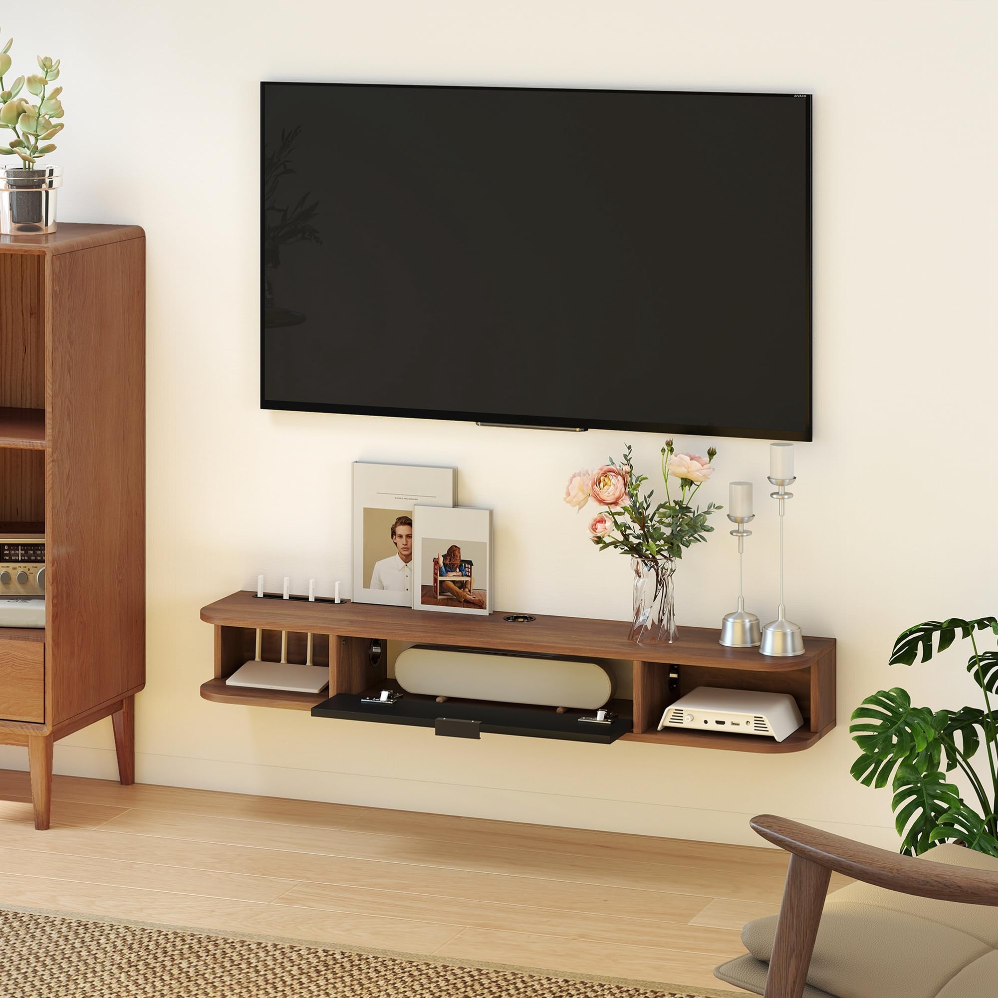 HOMCOM Mobile TV Sospeso con 2 Ripiani, Fino a 50" 120x24x16 cm Noce | Cassetto Ribaltabile, Foro Passacavi, Mobile Porta TV, Mobiletto per Televisore, Soggiorno Camera da Letto Salotto