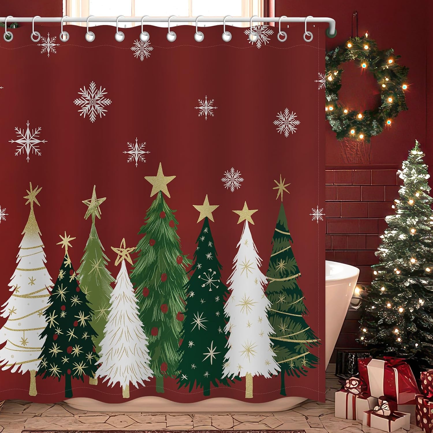 Merry Christmas Shower Curtain Winter Red Bathroom Curtain Set 72x72 Inch