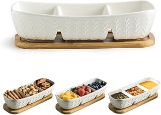 Miamolo 3-Compartment Chip & Dip Serving Set with Wooden Tray - 10-Inch Porcelain Bowls for Snacks, Charcuterie, Parties