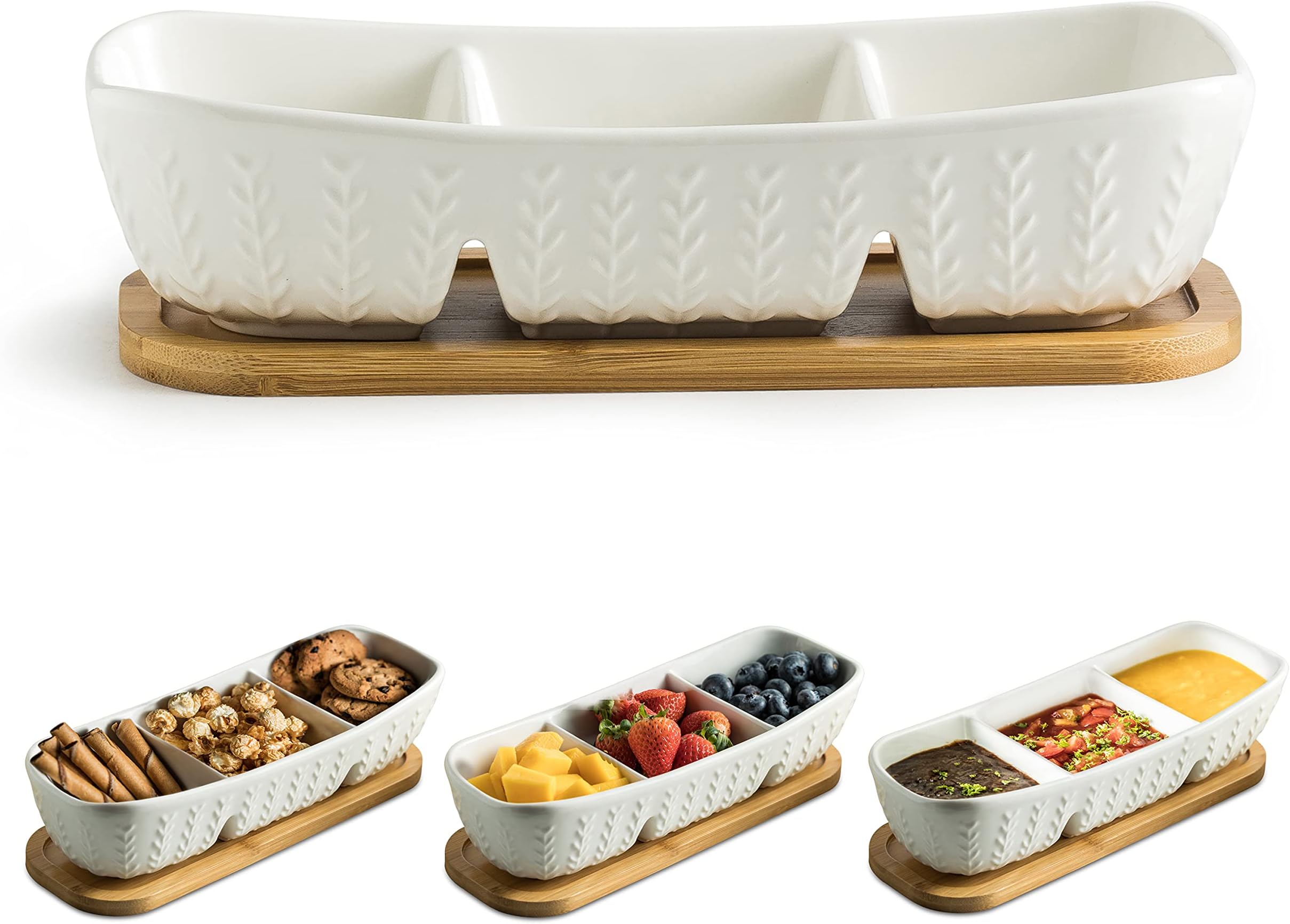 3 Compartment Condiment Tray, Chip and Dip Bowl with Wooden Serving Tray, Perfect for Snacks, Appetizers, Charcuterie, Chips, Candy, 10-inch Chip and Dip Serving Set for Parties