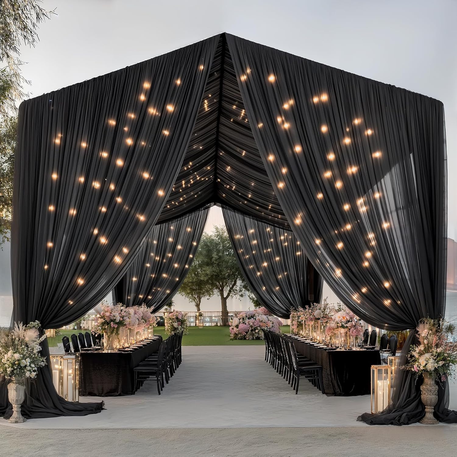 6 Panels Black Ceiling Curtains with Lights for Weddings, 5ftx10ft Wrinkle-Free Tulle Fabric Wedding Arch Draping Ceiling Drapes Decorations for Wedding Party Ceremony Stage Tent Event
