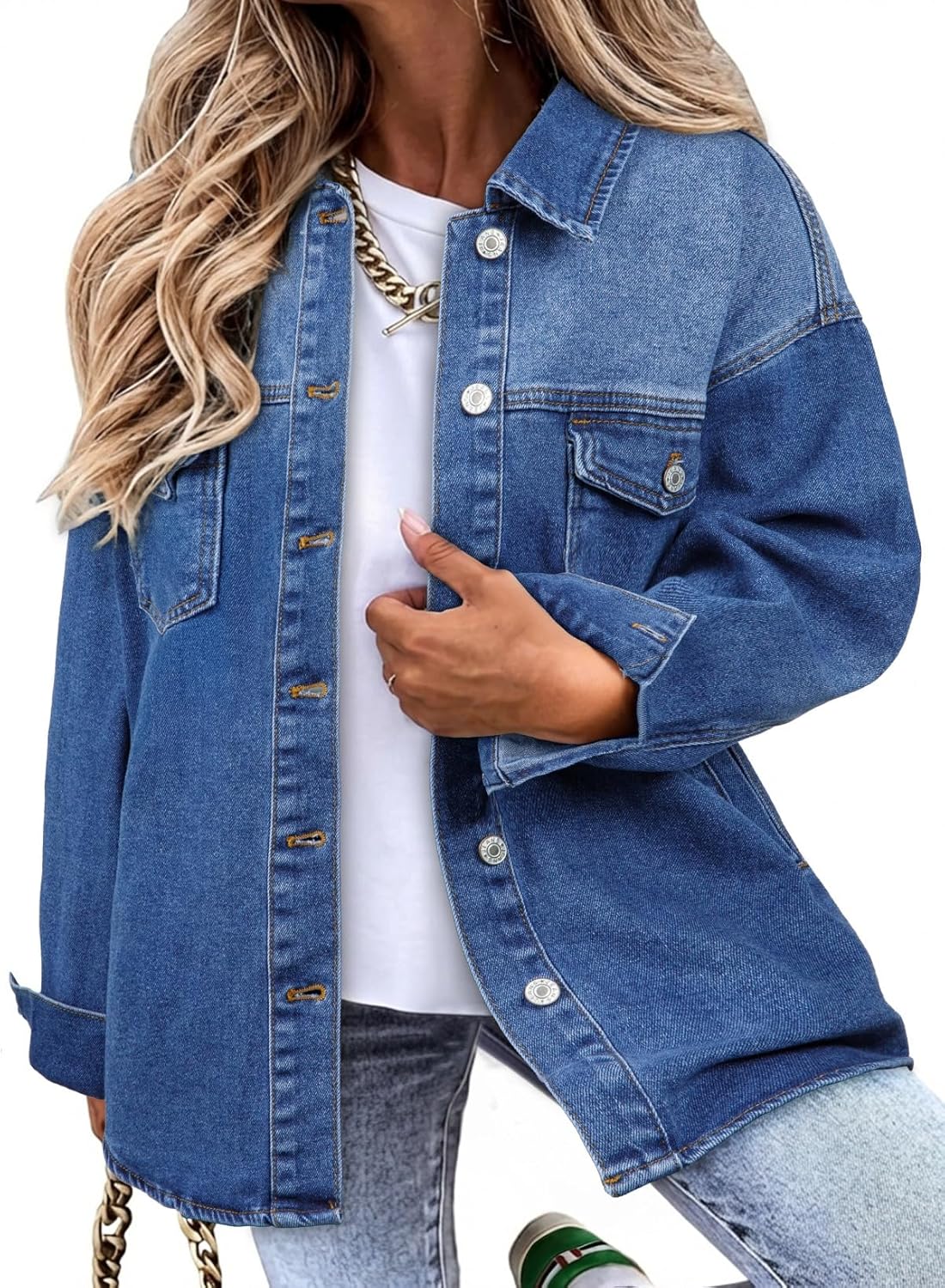 Sidefeel Women's Jean Jacket Casual Long Sleeve Button Down Oversized Denim Jacket Trendy Fall Outfits