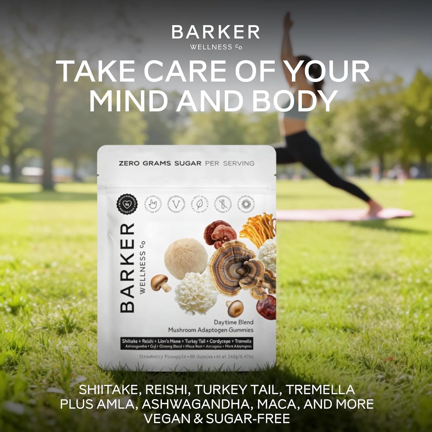 Barker Wellness Daytime Sugar-Free Adaptogen Mushroom Gummies - Lion's Mane, Cordyceps, Reishi & Shiitake | Vegan, Immune System Support, Natural Energy, Enhanced Focus & Mood for Adults | 60 Count - Image 3