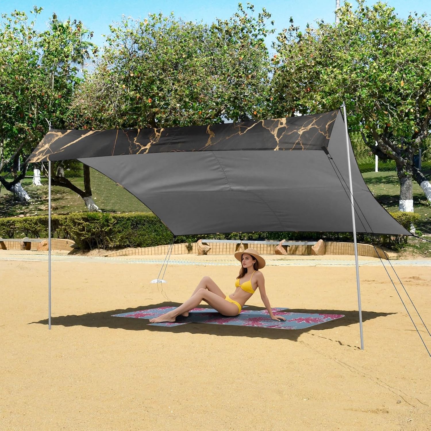 ALAZA Black & Gold Marble Art Beach Tent Sun Shelter UPF50+ Protection Beach Shade Canopy w/ 4 Sandbags for Outdoor Camping, Fishing, Backyard Fun, Picnic, 10x9 ft