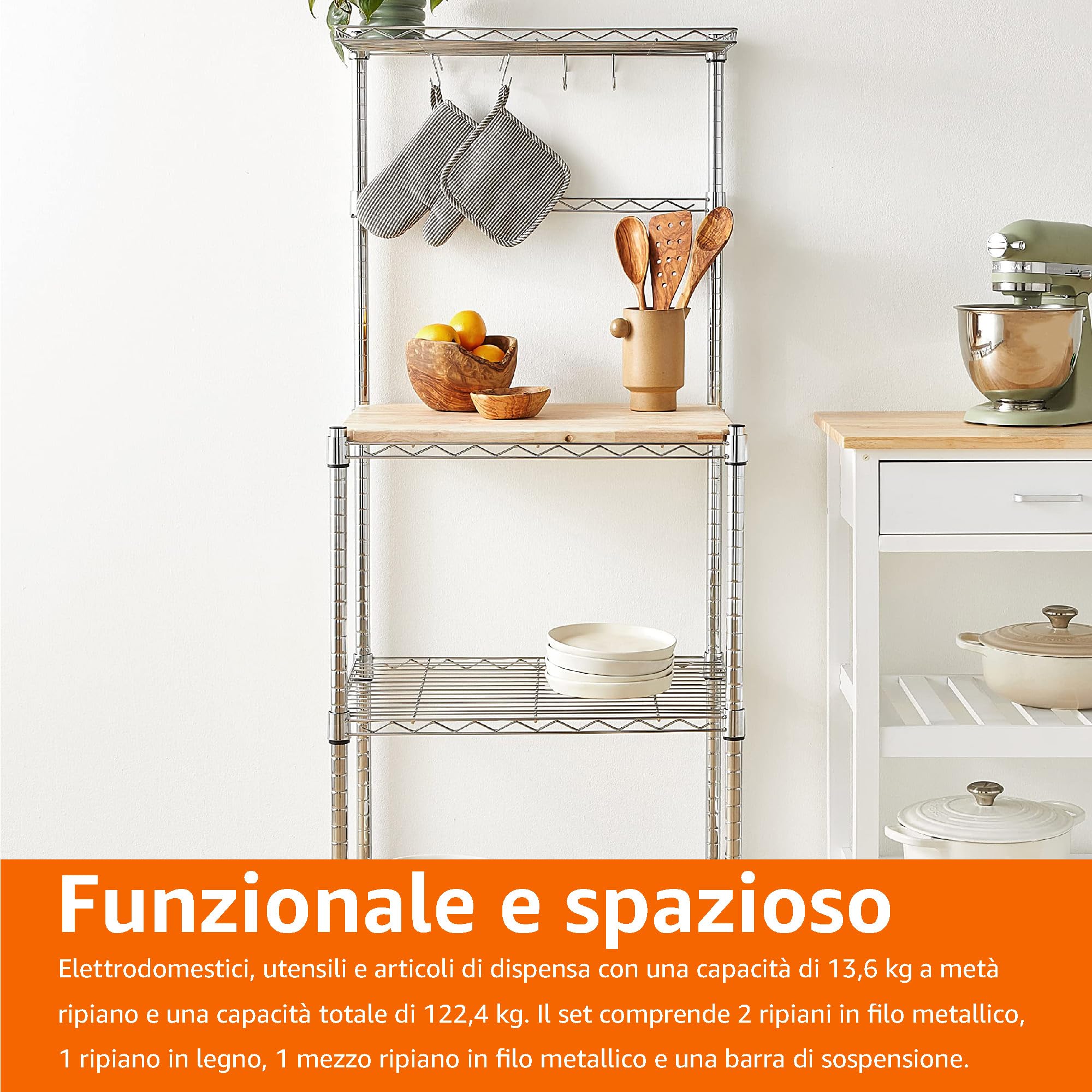 Amazon Basics Scaffale da cucina con tavola in legno, 3 ripiani, larghezza 61 cm, Cromato/Beige
